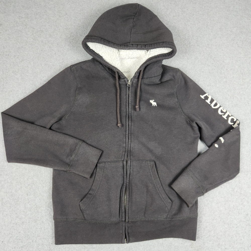 Abercrombie & Fitch Hoodie Womens M Gray Sherpa Lined Full Zip Logo Sweatshirt